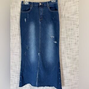 Distressed jeans skirt, maxi jean skirt